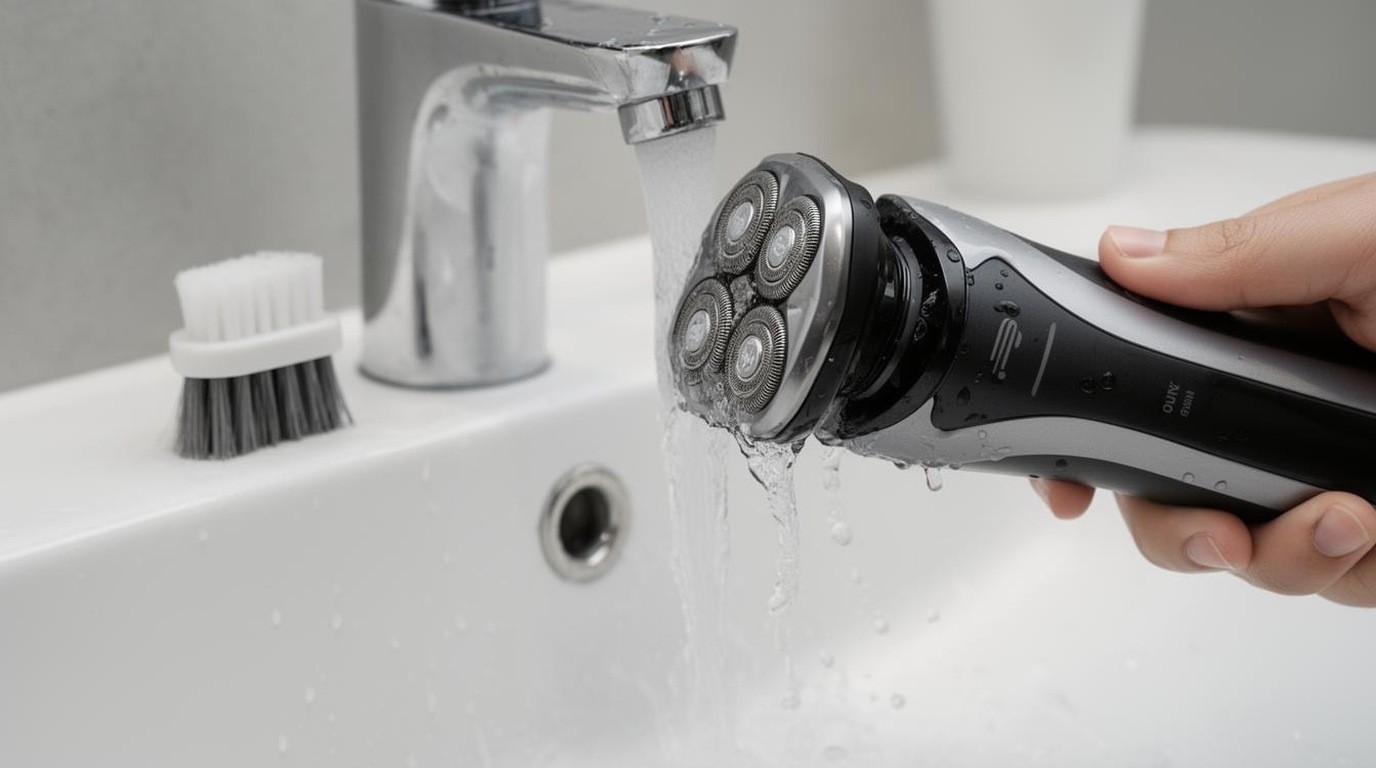 A shaver head being rinsed under a tap beside a small brush